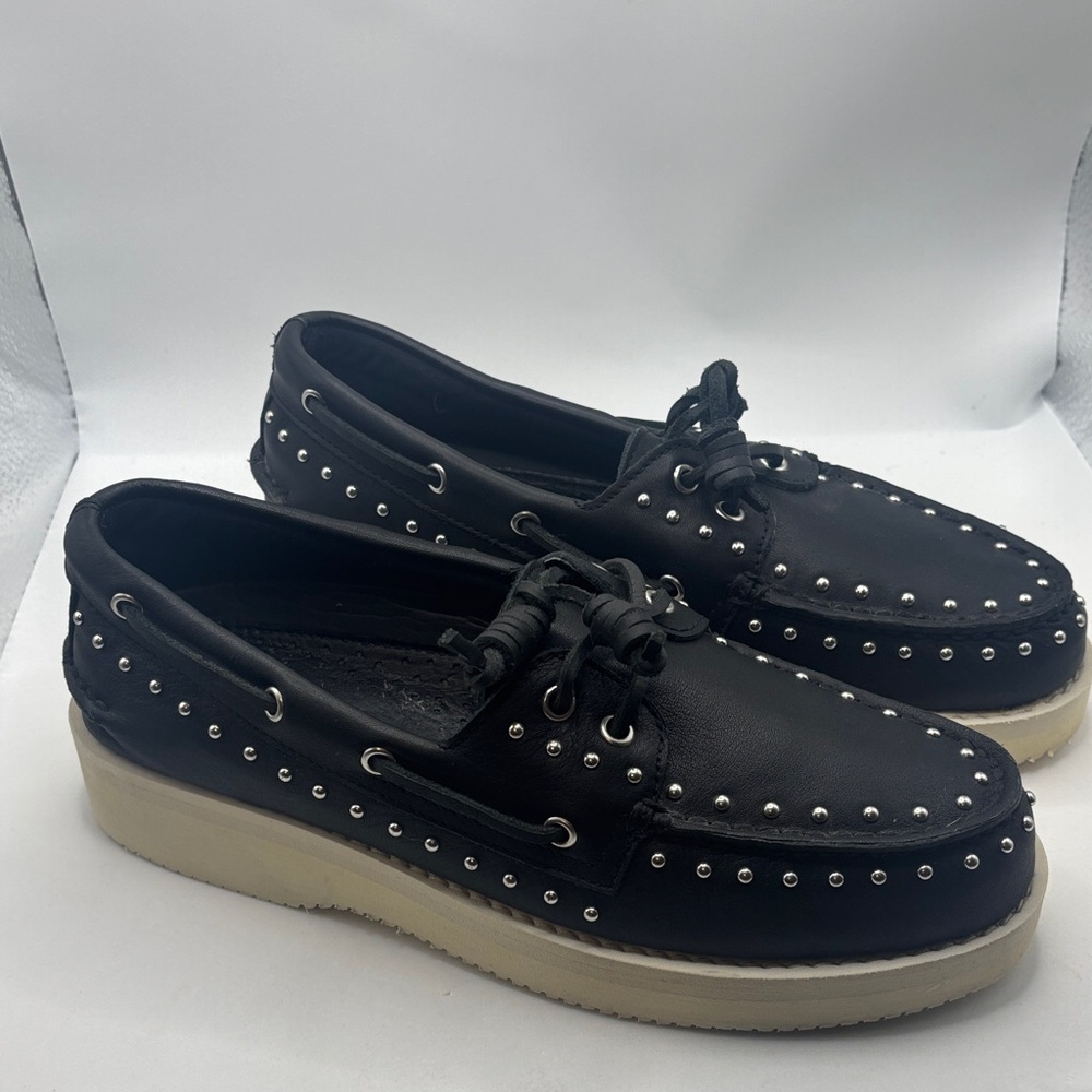 Sperry x Rebecca Minkoff Black Stud Boat Shoes tumbled leather upper SZ 8 casual